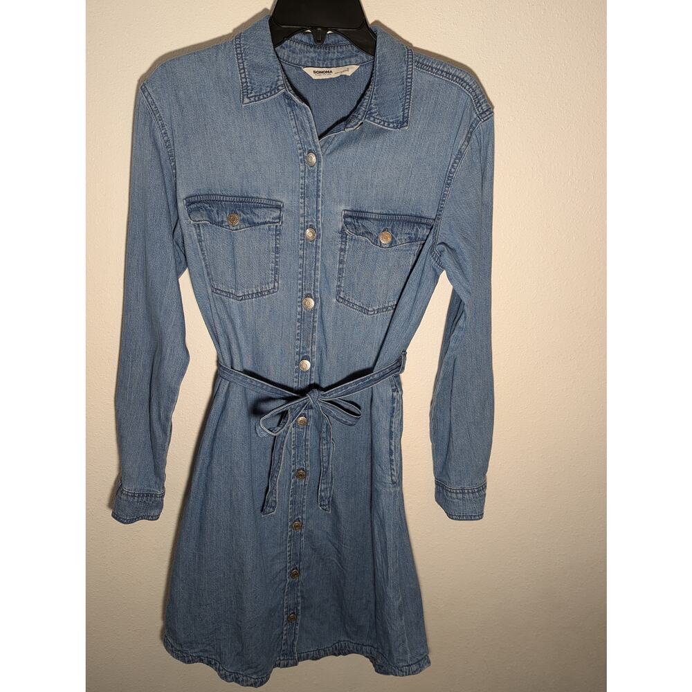 Women's Sonoma Premium Denim Tie Waist Button Down Shirt Dress Size S